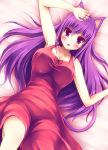  1girl animal_ears blush breasts cat_ears cat_tail dress large_breasts long_hair looking_at_viewer lying morita_(moritania) on_back original purple_hair red_dress revision sleeveless sleeveless_dress solo tail violet_eyes 