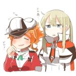  2girls =_= aquila_(kantai_collection) blonde_hair blue_eyes graf_zeppelin_(kantai_collection) hair_ornament hairclip hat high_ponytail kantai_collection lowres multiple_girls no_nose open_mouth orange_hair peaked_cap rebecca_(keinelove) sidelocks translation_request twintails upper_body 