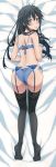  1girl ahoge ass bed_sheet black_hair black_legwear blue_bra blue_eyes blue_panties blush bra dakimakura feet from_above full_body garter_belt highres image_sample long_hair looking_at_viewer looking_back no_shoes on_stoamch panties scan shiny shiny_skin soles solo thigh-highs underwear underwear_only yahari_ore_no_seishun_lovecome_wa_machigatteiru. yandere_sample yukinoshita_yukino 