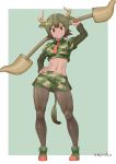  1girl animal_ears artist_name aurochs_(kemono_friends) boots brown_hair camouflage camouflage_shirt commentary_request dark_skin horn_lance horns kemono_friends midriff necktie pantyhose polearm revision short_sleeves signature simple_background smile solo tail toned weapon yukiroku 