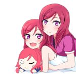  1girl :d blush character_doll commentary_request denshinbashira_(bashirajio!) eyebrows_visible_through_hair long_hair looking_at_viewer love_live! love_live!_school_idol_project lying multiple_views nishikino_maki on_stomach open_mouth redhead short_sleeves simple_background sleeveless smile violet_eyes 