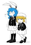  2girls :3 @_@ animal_ears blonde_hair blue_hair bunny_tail clenched_hands crescent dango eating floppy_ears food full_body furukawa_(yomawari) greyscale hands_in_pockets hat highres monochrome multiple_girls no_nose rabbit_ears ringo_(touhou) seiran_(touhou) shoes skirt socks spot_color standing tail touhou wagashi 
