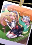  artist_request bangs beads black_bow black_hairband blunt_bangs bow capelet character_doll dragon_girl dragon_horns dragon_tail eyebrows_visible_through_hair gradient_hair hair_beads hair_ornament hairband horns kanna_kamui kobayashi-san_chi_no_maidragon kobayashi_(maidragon) lavender_hair licking low_twintails multicolored_hair photo_(object) saliva tail tooru_(maidragon) twintails white_legwear 