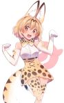  1girl animal_ears asa_(coco) bare_shoulders blonde_hair elbow_gloves gloves kemono_friends looking_at_viewer open_mouth serval_(kemono_friends) serval_ears serval_print serval_tail short_hair sleeveless standing standing_on_one_leg tail thigh-highs 