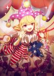  1girl american_flag_dress bangs blonde_hair clownpiece double_v fairy_wings hat highres jester_cap long_hair looking_at_viewer neck_ruff no-kan open_mouth petticoat pink_eyes polka_dot smile solo sparkle star star_print striped touhou v very_long_hair wavy_hair wings 