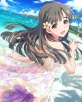  beach clouds dress eyebrows_visible_through_hair floral_print flower grey_eyes grey_hair hair hair_flower hair_ornament idolmaster idolmaster_cinderella_girls kobayakawa_sae long_hair looking_at_viewer official_art palm_tree shiny sky sundress tree 