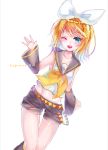  belt blonde_hair blue_eyes bow breasts character_name collarbone detached_sleeves eyelashes hair_bow hair_ornament hairclip headphones highres kagamine_rin looking_at_viewer musical_note navel one_eye_closed open_mouth sailor_collar shiny shiny_hair shiny_skin short_hair shorts smile solo sparkling_eyes text thigh_gap vocaloid waving white_background 