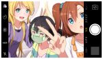  3girls :d :o :| ayase_eli black_hair blonde_hair blue_eyes blurry blush brown_hair bunny_ears_gesture cardigan closed_mouth collarbone commentary cucumber facial_mask kousaka_honoka long_hair long_sleeves looking_at_viewer love_live! love_live!_school_idol_project multiple_girls one_side_up open_cardigan open_clothes open_mouth phone_screen ponytail purple_sweater red_eyes scrunchie self_shot shuca_ca side_ponytail smile sweatdrop sweater translated v viewfinder yazawa_nico 