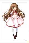  1girl ;d absurdres ahoge braid brown_hair dress floating_hair flower full_body green_eyes hair_flower hair_ornament highres hinoue_itaru kanbe_kotori long_hair looking_at_viewer neck_ribbon one_eye_closed open_mouth page_number pink_dress red_ribbon rewrite ribbon short_dress simple_background smile solo standing sunflower thigh-highs very_long_hair white_background white_legwear 