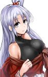  1girl armpit_peek bangs bare_shoulders black_eyes breasts closed_mouth dress hair_bobbles hair_ornament highres large_breasts long_hair long_sleeves looking_at_viewer off_shoulder one_side_up parted_bangs red_dress shinki_(touhou) sidelocks silver_hair skin_tight sleeveless sleeveless_turtleneck smile solo touhou turtleneck undershirt upper_body y2 