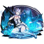  1girl asymmetrical_legwear bare_shoulders blue_eyes breasts cleavage collarbone divine_gate full_body gloves groin hair_between_eyes hair_ornament head_tilt horn jewelry looking_at_viewer navel necklace off_shoulder official_art short_hair shorts silver_hair small_breasts solo sword thigh-highs transparent_background ucmm water weapon white_gloves white_legwear white_shorts 