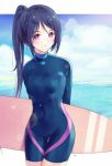  1girl artist_name blue_hair blush breasts closed_mouth cowboy_shot highres lens_flare light_smile long_hair looking_at_viewer love_live! love_live!_sunshine!! matsuura_kanan ponytail sidelocks signature small_breasts solo surfboard thighs tr_(kangtw123) violet_eyes wetsuit 