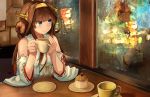  1girl ahoge bare_shoulders blue_eyes brown_hair cake dessert detached_sleeves double_bun food fruit hair_ornament hairband headgear highres japanese_clothes kantai_collection kongou_(kantai_collection) long_hair long_sleeves looking_to_the_side mont_blanc_(food) night nontraditional_miko okitsugu plate reflection remodel_(kantai_collection) restaurant revision solo strawberry window 
