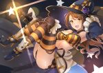  1girl bare_shoulders beatrix_(granblue_fantasy) breasts brown_eyes brown_hair bustier cape detached_collar detached_sleeves frills full_body granblue_fantasy halloween hat hat_ornament high_heels large_breasts long_hair looking_at_viewer luse_maonang open_mouth shorts smile solo star striped striped_legwear thigh-highs witch_hat 