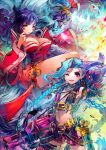  2girls ahri animal_ears bare_shoulders black_hair blue_hair braid breasts bullet cleavage detached_sleeves energy_ball facial_mark fingerless_gloves fox_ears fox_tail fumo gloves jewelry jinx_(league_of_legends) korean_clothes large_breasts league_of_legends lips long_hair looking_at_viewer multiple_girls multiple_tails nail_polish navel necklace one_eye_closed pink_eyes slit_pupils small_breasts smile tail thigh-highs twin_braids very_long_hair weapon whisker_markings yellow_eyes 