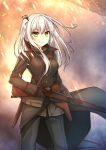  1girl battlefield_1 belt_pouch black_gloves coat cowboy_shot gloves green_eyes gun hair_ribbon healther highres holster long_hair looking_at_viewer one_side_up original ribbon rifle serious solo sparks weapon white_hair world_war_i 