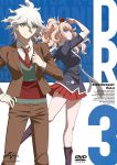  1boy 1girl amisaki_ryouko artist_check bangs blonde_hair blue_eyes boots character_name cover dangan_ronpa dangan_ronpa_3 dvd_cover enoshima_junko formal hair_ornament hand_on_hip highres komaeda_nagito long_hair looking_at_viewer miniskirt nail_polish necktie official_art red_nails school_uniform skirt smile suit twintails wavy_hair white_hair 