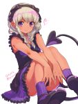  1girl 2016 a_k_o braid dark_skin dated demon_tail dress eyebrows eyebrows_visible_through_hair hairband highres knees_together_feet_apart looking_at_viewer original purple_dress purple_legwear revision shoes silver_hair simple_background sitting socks solo tail tan twitter_username violet_eyes white_background 
