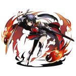  1girl black_dress black_hair breasts divine_gate dress earrings eyebrows_visible_through_hair fire floating_hair full_body hair_ornament holding holding_sheath holding_sword holding_weapon jewelry leaning_forward long_hair looking_at_viewer medium_breasts official_art red_eyes shadow sheath smile solo sword transparent_background twintails ucmm unsheathed very_long_hair weapon 
