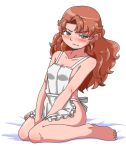  1girl apron barefoot blue_eyes breasts curly_hair dragon_quest dragon_quest_vii hat hat_removed headwear_removed long_hair maribel naked_apron redhead solo 