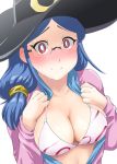  1girl bikini_top blue_hair blush breasts cleavage cosplay embarrassed glasses hat large_breasts little_witch_academia long_hair looking_at_viewer open_clothes red_eyes rimless_glasses satou_sakie satou_sakie_(cosplay) simple_background sketch smile solo ueyama_michirou upper_body ursula_(little_witch_academia) white_background witch witch_hat 