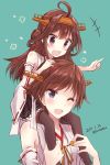  2017 2girls :d ahoge bare_shoulders black_legwear black_skirt blue_background brown_hair dated detached_sleeves double_bun hairband headgear hiei_(kantai_collection) japanese_clothes kabocha_torute kantai_collection kongou_(kantai_collection) long_hair multiple_girls nontraditional_miko one_eye_closed open_mouth pleated_skirt ribbon-trimmed_sleeves ribbon_trim short_hair simple_background skirt smile thigh-highs twitter_username violet_eyes wide_sleeves younger 