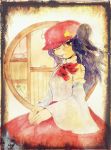  1girl detached_sleeves dolls_in_pseudo_paradise expressionless hat long_hair looking_at_viewer neck_ribbon purple_hair ribbon shiz_(#0077) side_ponytail skirt solo touhou traditional_media violet_eyes watercolor_(medium) window 