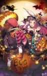  1girl :o artist_name bare_shoulders bat bow breasts candy cleavage english eyeball food full_body full_moon halloween hat hat_bow heart heart-shaped_pupils jack-o&#039;-lantern kashi_kosugi lollipop long_hair looking_at_viewer medium_breasts moon original pink_eyes pink_hair platform_footwear striped striped_legwear symbol-shaped_pupils tongue tongue_out veins witch witch_hat wrist_cuffs 