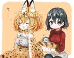  2girls adapted_costume animal_ears bare_shoulders black_eyes black_hair black_legwear blush border bow bowtie breasts brush closed_eyes cross-laced_clothes dot_nose elbow_gloves eyebrows_visible_through_hair facing_away gloves hair_between_eyes hair_brush kaban kemono_friends large_breasts long_sleeves looking_at_another looking_down motion_lines multiple_girls no_hat no_headwear no_nose open_mouth orange_background orange_hair outside_border pantyhose pantyhose_under_shorts red_sweater rounded_corners serval_(kemono_friends) serval_ears serval_print serval_tail shirt short_hair shorts simple_background sitting skirt sleeveless sleeveless_shirt smile striped_tail sweater tail tail_brushing tareme white_border white_shorts zinbei 