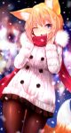  1girl :d absurdres adjusting_scarf animal_ears bangs blonde_hair blue_eyes blurry blurry_background blush brown_legwear brown_skirt buttons coat contrapposto cowboy_shot dutch_angle evening eyebrows eyebrows_visible_through_hair fox_ears fox_tail fur-trimmed_coat fur_coat fur_trim hair_over_eyes hands_up head_tilt highres hood hood_down long_sleeves looking_at_viewer miniskirt one_eye_closed open_mouth original outdoors pantyhose pleated_skirt red_scarf scarf short_hair skirt smile snowing solo standing sukemyon tail teeth white_coat winter winter_clothes winter_coat 