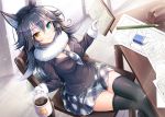  1girl akashio_(loli_ace) animal_ears bangs black_hair black_legwear black_necktie black_skirt blue_eyes book breasts chair coffee coffee_cup eraser fur_collar gloves grey_wolf_(kemono_friends) heterochromia indoors kemono_friends long_hair long_sleeves looking_at_viewer medium_breasts miniskirt multicolored_hair necktie parted_bangs pencil simple_background skirt smile solo sparkle table tail thigh-highs two-tone_hair white_gloves wolf_ears wolf_tail yellow_eyes 