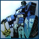  1boy 2017 artist_name autobot blue_background energy_sword headgear holding holding_weapon huge_weapon insignia kamizono_(spookyhouse) knight machine machinery mecha no_humans optimus_prime personification robot shield solo sword transformers twitter_username weapon yellow_eyes 