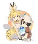  2girls :&gt; :d animal_ears bare_shoulders belt black_gloves black_hair blue_eyes blush bucket_hat cat_ears cat_tail cowboy_shot elbow_gloves eyebrows eyebrows_visible_through_hair from_side gloves gradient gradient_background hair_between_eyes hands_together hat hat_feather highres kaban kemono_friends light_brown_eyes light_smile looking_at_viewer lucky_beast_(kemono_friends) multicolored multicolored_background multiple_girls open_mouth orange_background orange_hair ouchikaeru outline red_background serval_(kemono_friends) serval_ears serval_print serval_tail shirt short_hair short_sleeves shorts simple_background skirt sleeveless sleeveless_shirt smile tail tareme teeth upper_body upper_teeth white_background white_hat white_outline white_shirt 