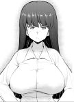  1girl bangs black_hair blunt_bangs blush breasts cleavage collarbone dress_shirt frown girls_und_panzer highres impossible_clothes impossible_shirt large_breasts long_hair long_sleeves looking_at_viewer mature monochrome nishizumi_shiho shiny shiny_hair shirt solo try upper_body 