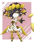  1girl alternate_costume artist_name black_hair black_lipstick breasts chibi cleavage cleavage_cutout coin cosplay dated eyeshadow hair_over_one_eye headgear highres kiraki leiur_darahim lipstick makeup multicolored_hair orange_hair senki_zesshou_symphogear short_hair solo thigh-highs two-tone_hair yellow_eyes yukine_chris yukine_chris_(cosplay) 