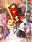  4girls 6+boys ahoge archer artist_name assassin_(fate/stay_night) berserker black_hair black_legwear black_pants black_ribbon black_skirt blonde_hair blue_eyes breasts brown_eyes caster cleavage clenched_teeth copyright_name dark_skin dress elbow_gloves emiya_shirou excalibur eyebrows_visible_through_hair fate/stay_night fate/unlimited_blade_works fate_(series) gilgamesh gloves green_eyes hair_ribbon high_ponytail highres holding holding_sword holding_weapon illyasviel_von_einzbern jacket japanese_clothes kimono lancer long_hair looking_at_viewer medium_breasts multiple_boys multiple_girls official_art open_mouth orange_hair outstretched_arm pants parted_lips pleated_skirt purple_hair purple_ribbon red_eyes red_jacket red_scarf ribbon rider saber scarf shirt sideboob silver_hair skirt sleeveless sleeveless_dress spiky_hair strapless strapless_dress sword takeuchi_takashi teeth thigh-highs tohsaka_rin two_side_up weapon wedding_dress white_dress white_gloves white_shirt zettai_ryouiki 