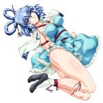 1girl arms_behind_back bangs black_shoes blue_dress blue_eyes blue_hair bound bound_ankles bound_arms breasts collarbone dress eyebrows_visible_through_hair frilled_dress frills full_body hair_ornament hair_rings hair_stick kaku_seiga large_breasts looking_at_viewer ootsuki_wataru open_clothes open_vest restrained shibari shoes smile socks solo touhou tsurime vest white_legwear 