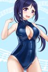  1girl blue_hair blue_swimsuit blush breasts cleavage cleavage_cutout cowboy_shot front_zipper_swimsuit highres large_breasts long_hair looking_at_viewer love_live! love_live!_sunshine!! matsuura_kanan meme_attire one-piece_swimsuit open_mouth ponytail shiny shiny_clothes smile solo swimsuit takaoka_nanase upper_teeth violet_eyes 
