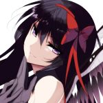  1girl absurdres akemi_homura akuma_homura bare_shoulders black_gloves black_hair black_wings bow choker close-up elbow_gloves eyebrows_visible_through_hair eyes_visible_through_hair gloves hair_between_eyes hair_bow hairband hand_to_own_mouth head_tilt highres long_hair looking_at_viewer mahou_shoujo_madoka_magica mahou_shoujo_madoka_magica_movie misteor parted_lips red_hairband simple_background smile solo spoilers violet_eyes white_background wings 