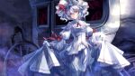  1girl ascot blue_hair carriage curtsey dress gloves hat highres looking_at_viewer red_eyes remilia_scarlet revision short_hair skade solo touhou white_gloves wings 