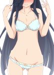  1girl bare_shoulders black_hair blue_bra blue_panties blush bow bow_bra bow_panties bra cowboy_shot embarrassed full-face_blush gluteal_fold groin hayashimo_(kantai_collection) head_out_of_frame highres kantai_collection long_hair lowleg lowleg_panties navel panties ru2n131 sidelocks simple_background solo sweat underwear underwear_only very_long_hair white_background 