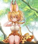  1girl :d animal_ears arm_at_side bare_shoulders blue_sky blush bow bowtie breasts cat_ears cross-laced_clothes elbow_gloves eyebrows_visible_through_hair gloves gloves_removed hair_between_eyes hand_in_hair hand_up holding_glove in_tree kawanobe kemono_friends knees_together_feet_apart large_breasts looking_at_viewer nature no_legwear open_mouth orange_eyes orange_hair outdoors serval_(kemono_friends) serval_ears serval_print shirt short_hair single_glove sitting sitting_in_tree skirt sky sleeveless sleeveless_shirt smile solo tareme tree white_shirt wind 