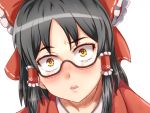  1girl bangs black_hair blush bow brown-framed_eyewear commentary_request cookie_(touhou) eyebrows_visible_through_hair face glasses hair_bow hair_tubes hakurei_reimu looking_at_viewer nose_blush parody parted_lips portrait red_bow sananana semi-rimless_glasses sidelocks simple_background solo touhou under-rim_glasses white_background yarumi_(suina) yellow_eyes 