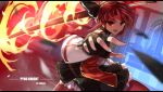  1girl :d artist_name black_gloves character_name elesis_(elsword) elsword fingerless_gloves fire gloves holding holding_sword holding_weapon looking_at_viewer open_mouth outstretched_arm pyro_knight_(elsword) red_eyes redhead short_hair smile solo swd3e2 sword weapon 