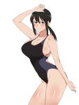 1girl black_eyes black_hair black_swimsuit breasts competition_swimsuit cowboy_shot highres kagemusha large_breasts long_hair low_ponytail one-piece_swimsuit original ponytail simple_background smile solo standing swimsuit white_background 