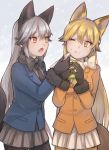  2girls :o ;t animal_ears black_bow black_bowtie black_gloves black_legwear black_necktie black_shirt blazer blonde_hair blue_jacket blue_sky bow bowtie buttons cowboy_shot eating eyebrow_twitching eyebrows_visible_through_hair eyelashes ezo_red_fox_(kemono_friends) fang food food_on_face fox_ears fox_tail fur-trimmed_sleeves fur_trim gloves grey_skirt hair_between_eyes hand_up handkerchief head_tilt highres holding holding_food jacket japari_bun kemono_friends long_hair long_sleeves looking_at_another looking_to_the_side multicolored_hair multiple_girls necktie one_eye_closed open_mouth orange_eyes orange_jacket outdoors pantyhose pleated_skirt pocket saino_(sainoomisaki) shirt silver_fox_(kemono_friends) silver_hair skirt sky snow snowing tail tsurime very_long_hair white_bow white_bowtie white_skirt wiping_face yellow_eyes yellow_legwear yellow_necktie 