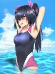  1girl armpits arms_behind_head arms_up black_hair blush breasts choujigen_game_neptune cleavage hair_ornament highres long_hair looking_at_viewer neptune_(series) noire ocean one-piece_swimsuit open_mouth red_eyes ribbon solo swimsuit twintails 