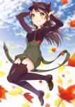  1girl animal_ears animal_hat autumn_leaves bangs black_shirt blue_sky blurry blush brown_hair cabbie_hat cat_ears cat_hat clouds cloudy_sky depth_of_field floating_hair full_body green_eyes green_shorts grin hat highres knees_together_feet_apart leaf long_hair long_sleeves looking_up maple_leaf original outdoors overalls parted_lips shirt short_shorts shorts sky smile solo suspender_shorts suspenders thigh-highs warabimochi_kinako 