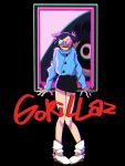  1girl artist_request bangs black_hair black_skirt boots chromatic_aberration copyright_name fur_jacket gorillaz hair_ornament hairclip highres long_sleeves looking_at_viewer miniskirt mirror monster noodle_(gorillaz) open_mouth parted_bangs scared short_twintails skirt solo sunglasses teeth trembling twintails white_boots 