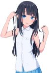  1girl bangs bare_shoulders black_hair blue_eyes blunt_bangs blush breasts commentary_request highres kimagure_blue long_hair looking_at_viewer open_mouth original revision shirt simple_background skirt sleeveless sleeveless_shirt small_breasts smile solo very_long_hair 